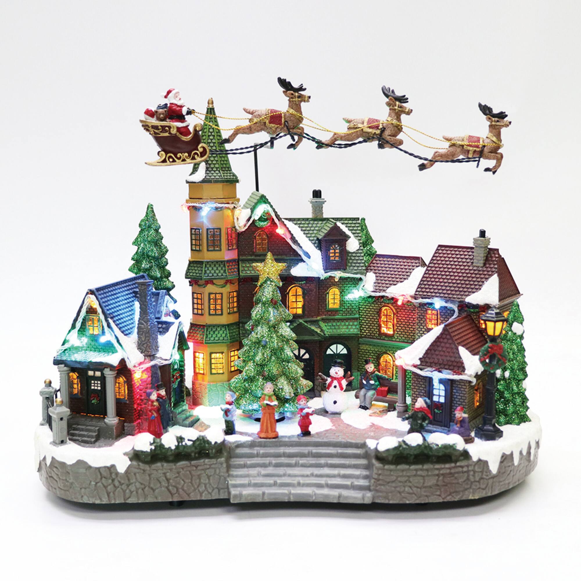 Moments in Time 12.8" Animated Santa Riding Sleigh Flying Over Town Center Décor